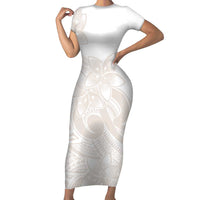 Polynesian Tribal Plumeria Lotu Tamaiti Family Matching Short Sleeve Bodycon Dress and Hawaiian Shirt Pastel Nude LT9 Mom's Dress Nude - Polynesian Pride