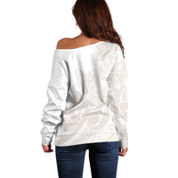 Polynesian Tribal Plumeria Lotu Tamaiti Off Shoulder Sweater Pastel Nude - Polynesian Pride