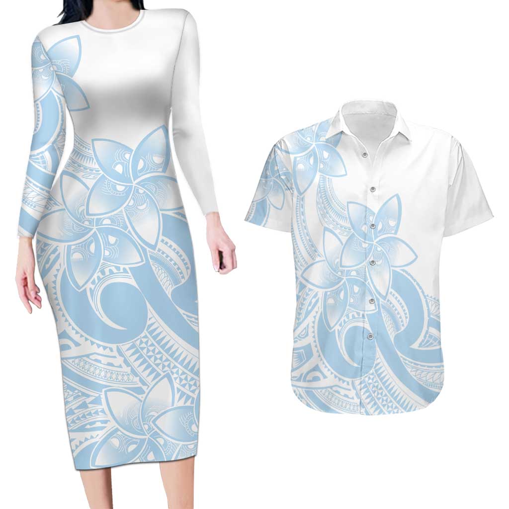Polynesian Tribal Plumeria Lotu Tamaiti Couples Matching Long Sleeve Bodycon Dress and Hawaiian Shirt Pastel Sky Blue LT9 Blue - Polynesian Pride