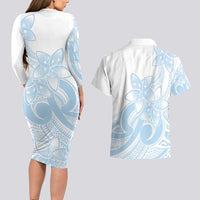 Polynesian Tribal Plumeria Lotu Tamaiti Couples Matching Long Sleeve Bodycon Dress and Hawaiian Shirt Pastel Sky Blue LT9 - Polynesian Pride