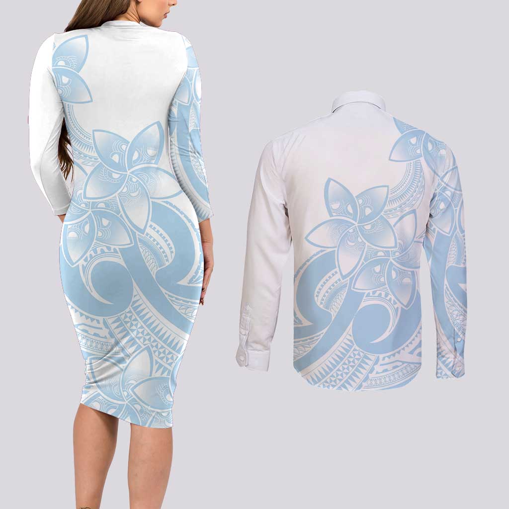 Polynesian Tribal Plumeria Lotu Tamaiti Couples Matching Long Sleeve Bodycon Dress and Long Sleeve Button Shirt Pastel Sky Blue LT9 - Polynesian Pride