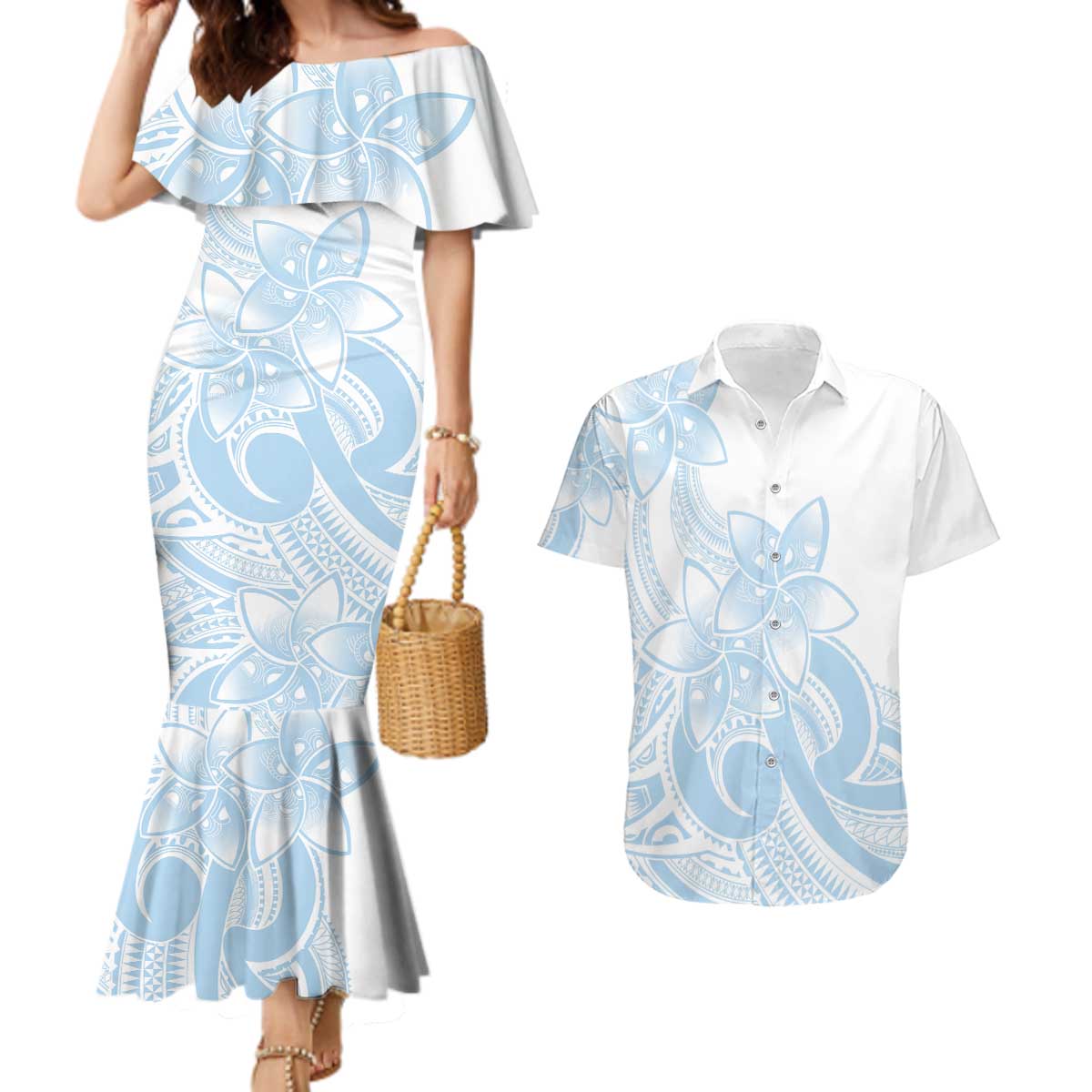 Polynesian Tribal Plumeria Lotu Tamaiti Couples Matching Mermaid Dress and Hawaiian Shirt Pastel Sky Blue - Polynesian Pride