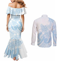 Polynesian Tribal Plumeria Lotu Tamaiti Couples Matching Mermaid Dress and Long Sleeve Button Shirt Pastel Sky Blue LT9 - Polynesian Pride