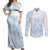 Polynesian Tribal Plumeria Lotu Tamaiti Couples Matching Off Shoulder Maxi Dress and Long Sleeve Button Shirt Pastel Sky Blue - Polynesian Pride