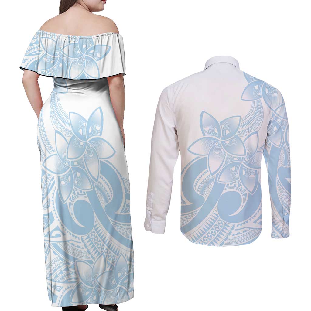 Polynesian Tribal Plumeria Lotu Tamaiti Couples Matching Off Shoulder Maxi Dress and Long Sleeve Button Shirt Pastel Sky Blue LT9 - Polynesian Pride