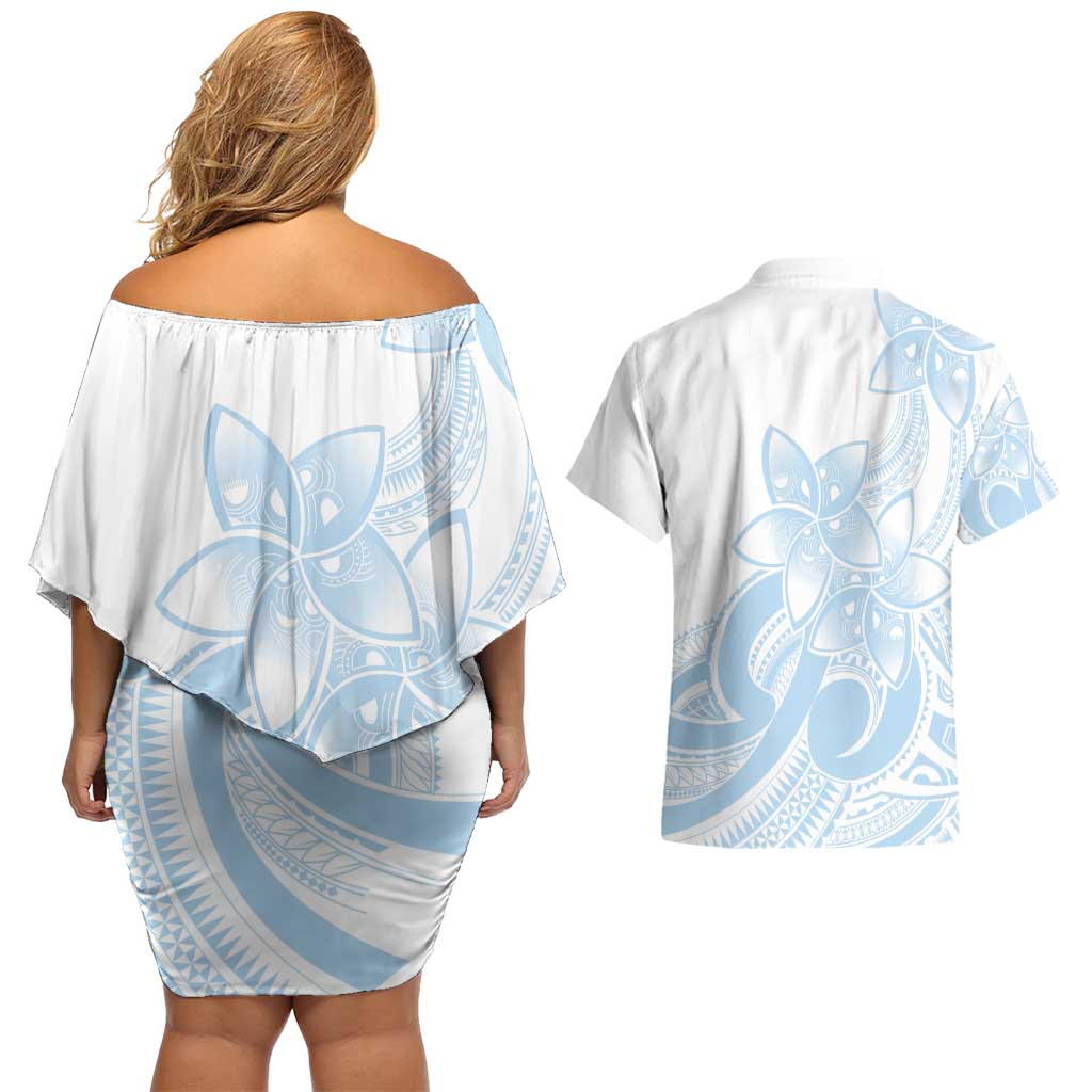 Polynesian Tribal Plumeria Lotu Tamaiti Couples Matching Off Shoulder Short Dress and Hawaiian Shirt Pastel Sky Blue LT9 - Polynesian Pride