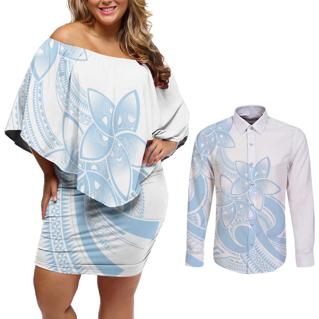 Polynesian Tribal Plumeria Lotu Tamaiti Couples Matching Off Shoulder Short Dress and Long Sleeve Button Shirt Pastel Sky Blue LT9 Blue - Polynesian Pride