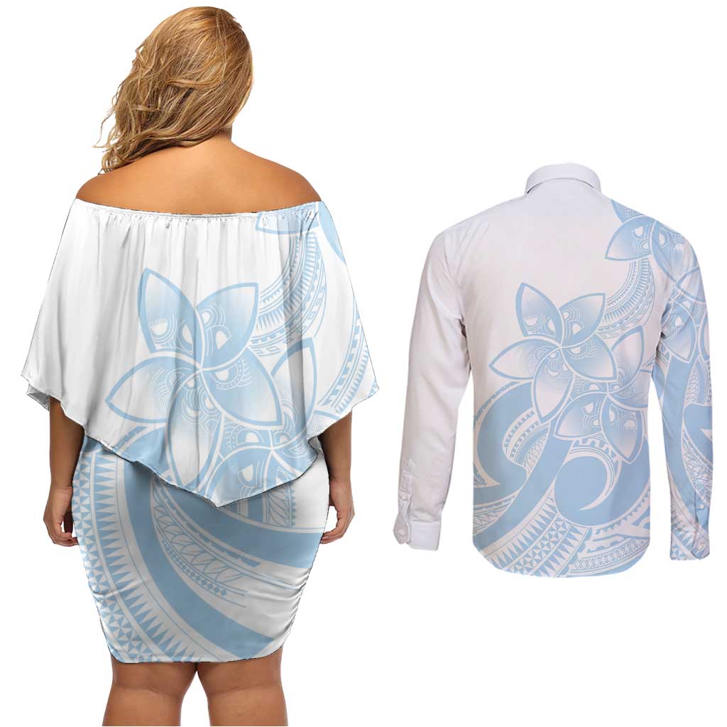 Polynesian Tribal Plumeria Lotu Tamaiti Couples Matching Off Shoulder Short Dress and Long Sleeve Button Shirt Pastel Sky Blue LT9 - Polynesian Pride