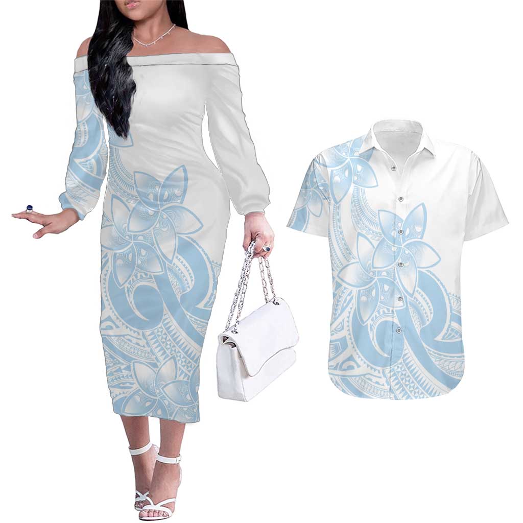 Polynesian Tribal Plumeria Lotu Tamaiti Couples Matching Off The Shoulder Long Sleeve Dress and Hawaiian Shirt Pastel Sky Blue LT9 Blue - Polynesian Pride