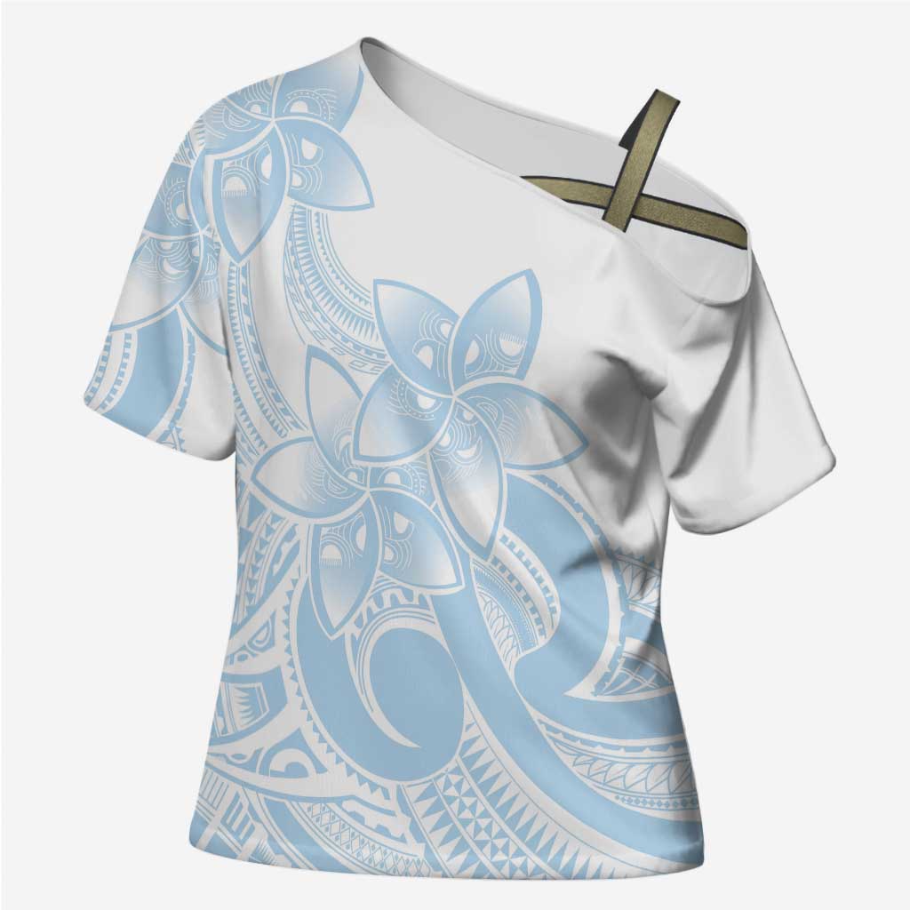 Polynesian Tribal Plumeria Lotu Tamaiti Cross Shoulder Shirt Pastel Sky Blue - Polynesian Pride