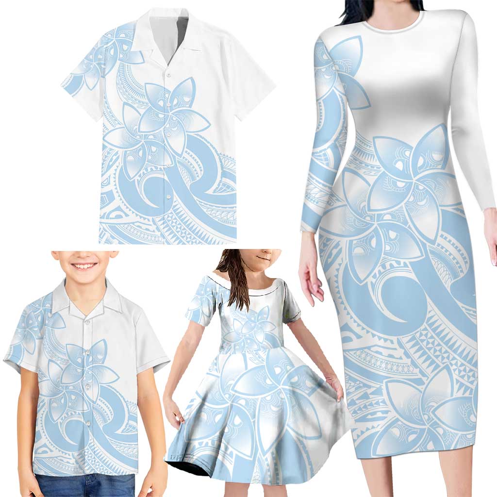 Polynesian Tribal Plumeria Lotu Tamaiti Family Matching Long Sleeve Bodycon Dress and Hawaiian Shirt Pastel Sky Blue LT9 - Polynesian Pride