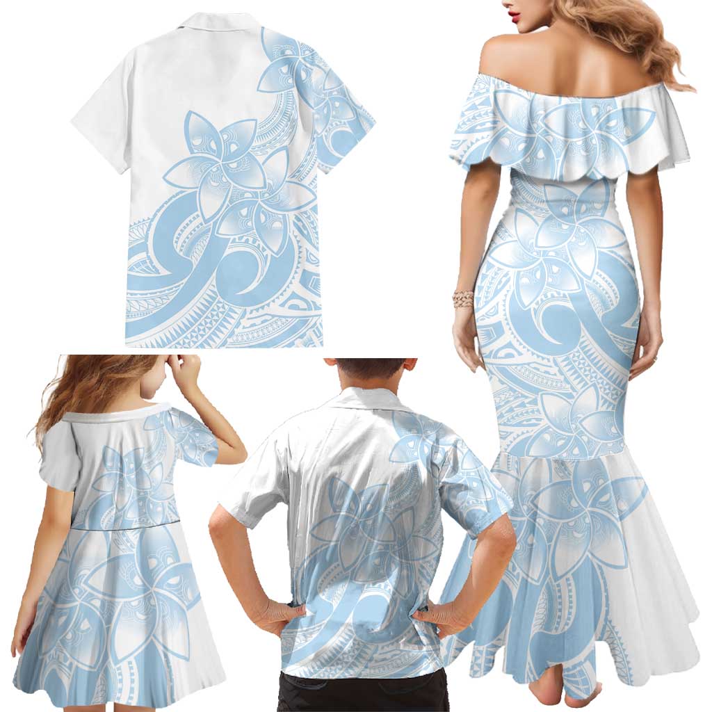 Polynesian Tribal Plumeria Lotu Tamaiti Family Matching Mermaid Dress and Hawaiian Shirt Pastel Sky Blue LT9 - Polynesian Pride