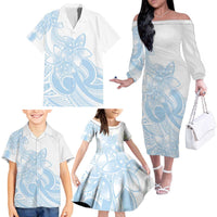 Polynesian Tribal Plumeria Lotu Tamaiti Family Matching Off The Shoulder Long Sleeve Dress and Hawaiian Shirt Pastel Sky Blue LT9 - Polynesian Pride