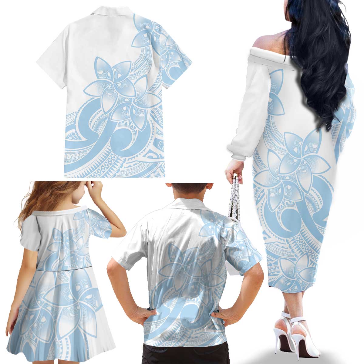 Polynesian Tribal Plumeria Lotu Tamaiti Family Matching Off The Shoulder Long Sleeve Dress and Hawaiian Shirt Pastel Sky Blue LT9 - Polynesian Pride