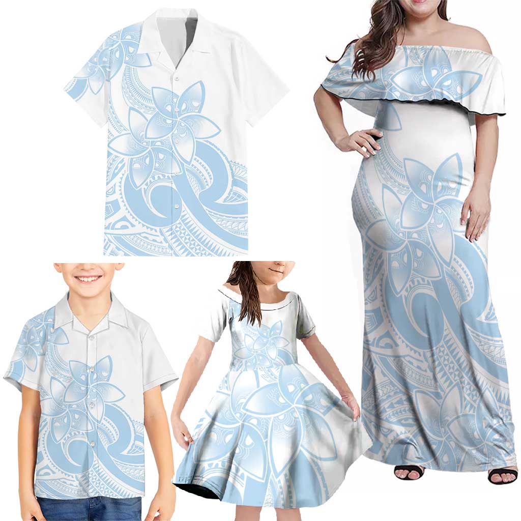 Polynesian Tribal Plumeria Lotu Tamaiti Family Matching Off Shoulder Maxi Dress and Hawaiian Shirt Pastel Sky Blue LT9 - Polynesian Pride