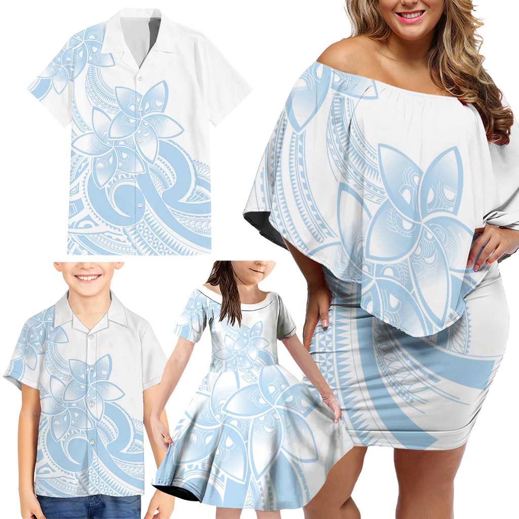 Polynesian Tribal Plumeria Lotu Tamaiti Family Matching Off Shoulder Short Dress and Hawaiian Shirt Pastel Sky Blue LT9 - Polynesian Pride