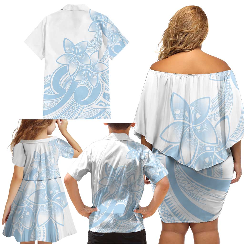 Polynesian Tribal Plumeria Lotu Tamaiti Family Matching Off Shoulder Short Dress and Hawaiian Shirt Pastel Sky Blue LT9 - Polynesian Pride