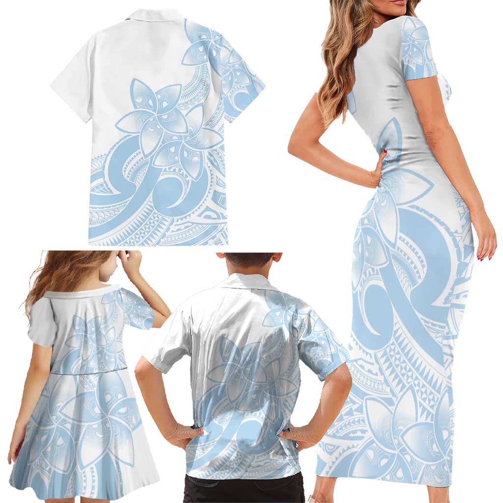 Polynesian Tribal Plumeria Lotu Tamaiti Family Matching Short Sleeve Bodycon Dress and Hawaiian Shirt Pastel Sky Blue LT9 - Polynesian Pride