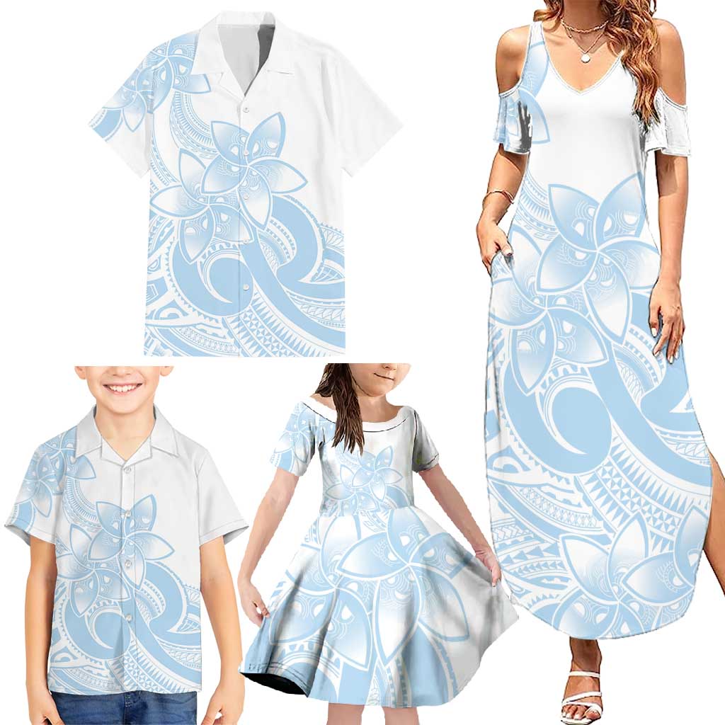 Polynesian Tribal Plumeria Lotu Tamaiti Family Matching Summer Maxi Dress and Hawaiian Shirt Pastel Sky Blue LT9 - Polynesian Pride