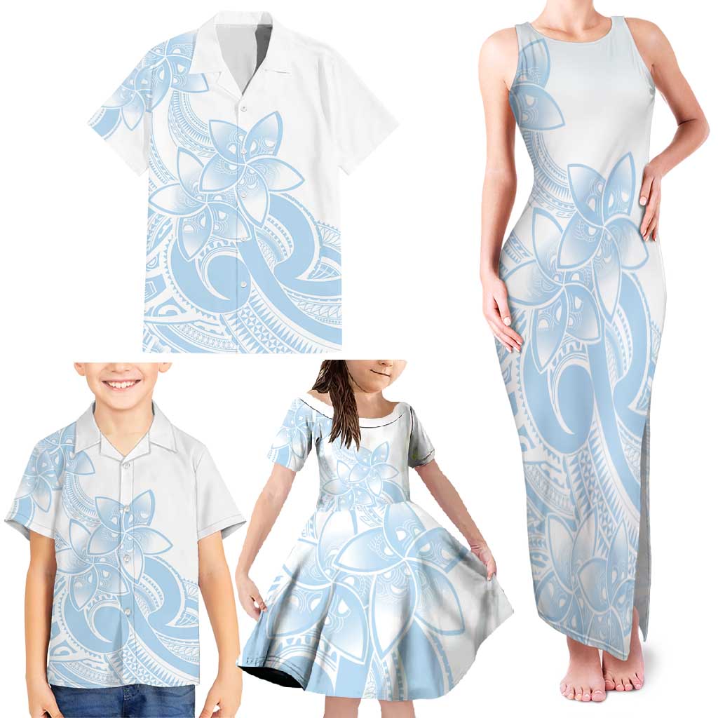 Polynesian Tribal Plumeria Lotu Tamaiti Family Matching Tank Maxi Dress and Hawaiian Shirt Pastel Sky Blue LT9 - Polynesian Pride