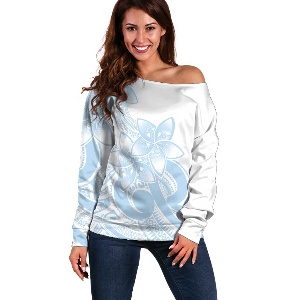 Polynesian Tribal Plumeria Lotu Tamaiti Off Shoulder Sweater Pastel Sky Blue LT9 Women Blue - Polynesian Pride