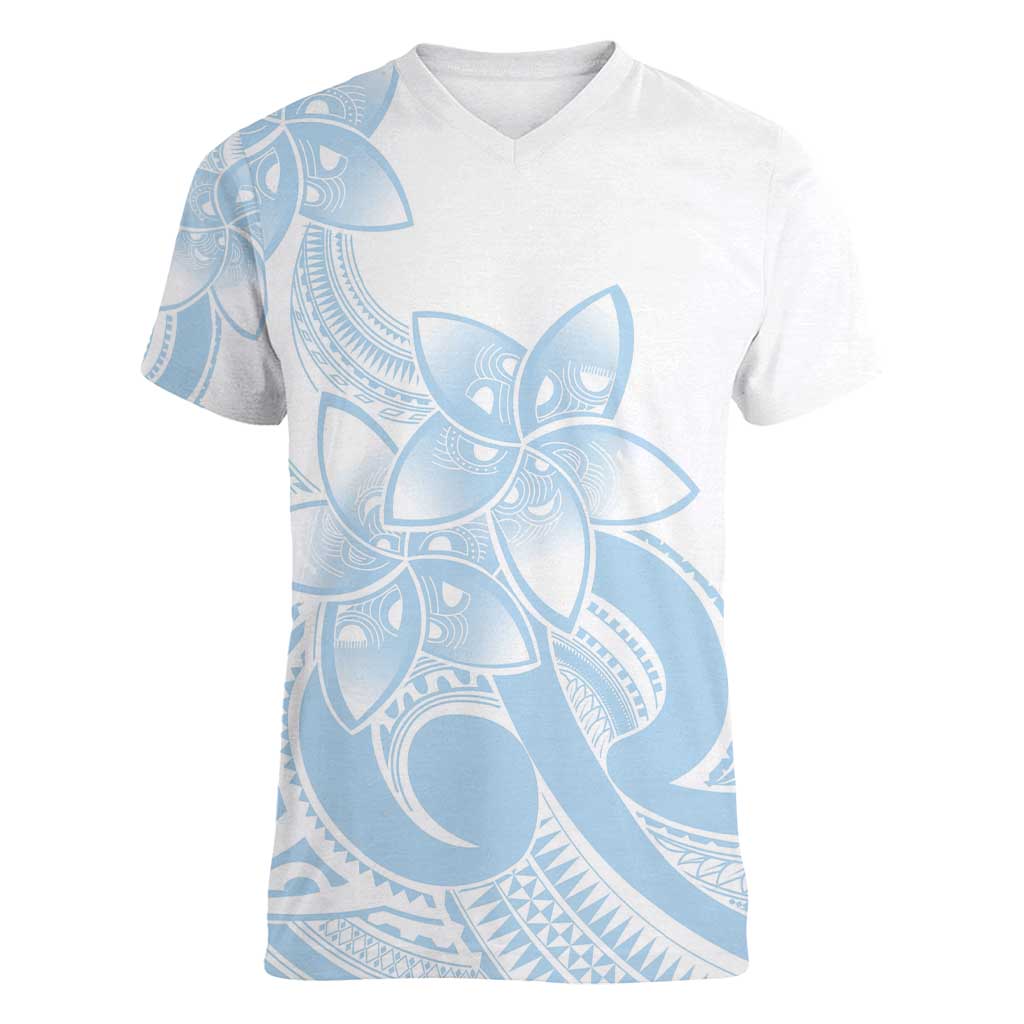 Polynesian Tribal Plumeria Lotu Tamaiti Women V-Neck T-Shirt Pastel Sky Blue - Polynesian Pride