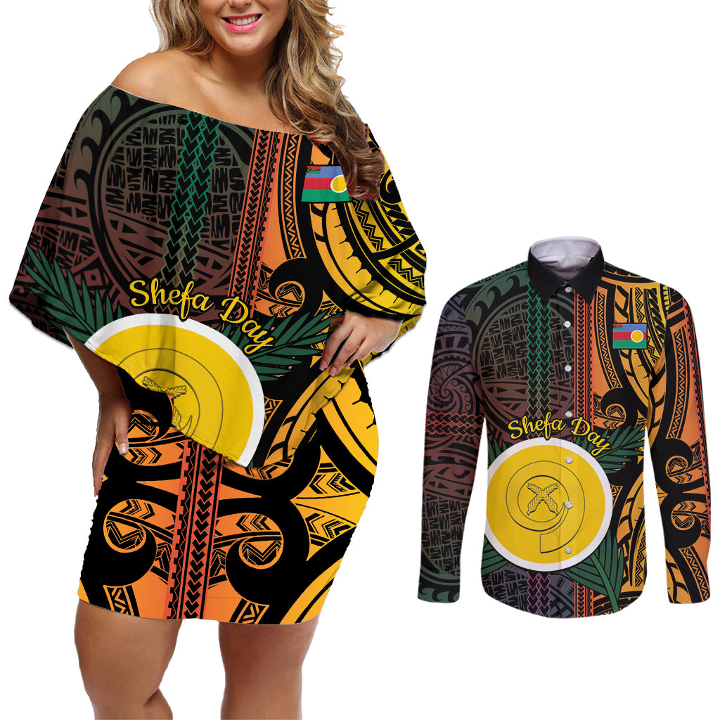 Personalised Shefa Day Couples Matching Off Shoulder Short Dress and Long Sleeve Button Shirt Happy June 18 Vanuatu Province