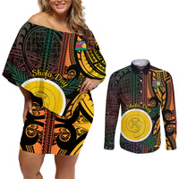 Personalised Shefa Day Couples Matching Off Shoulder Short Dress and Long Sleeve Button Shirt Happy June 18 Vanuatu Province