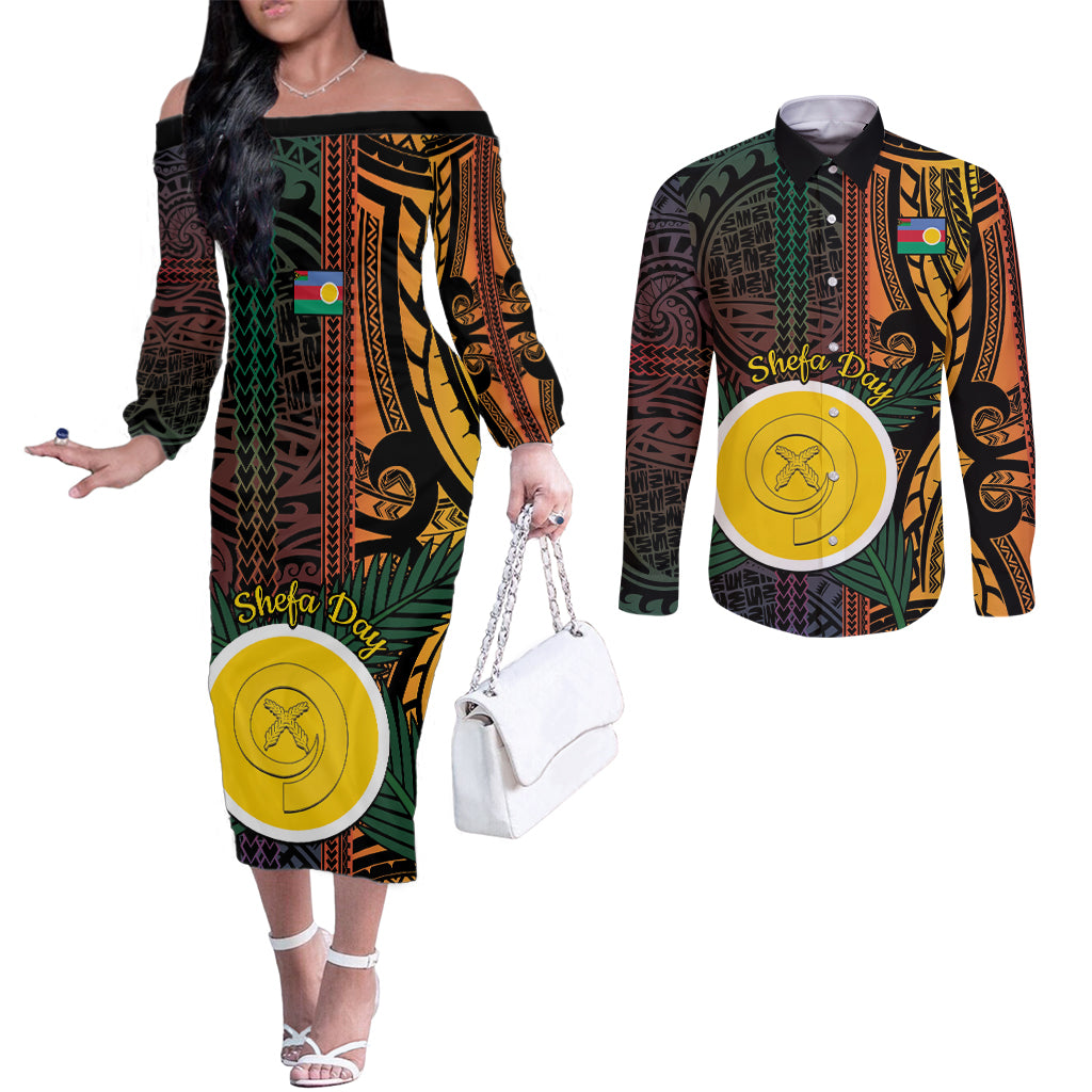 Personalised Shefa Day Couples Matching Off The Shoulder Long Sleeve Dress and Long Sleeve Button Shirt Happy June 18 Vanuatu Province