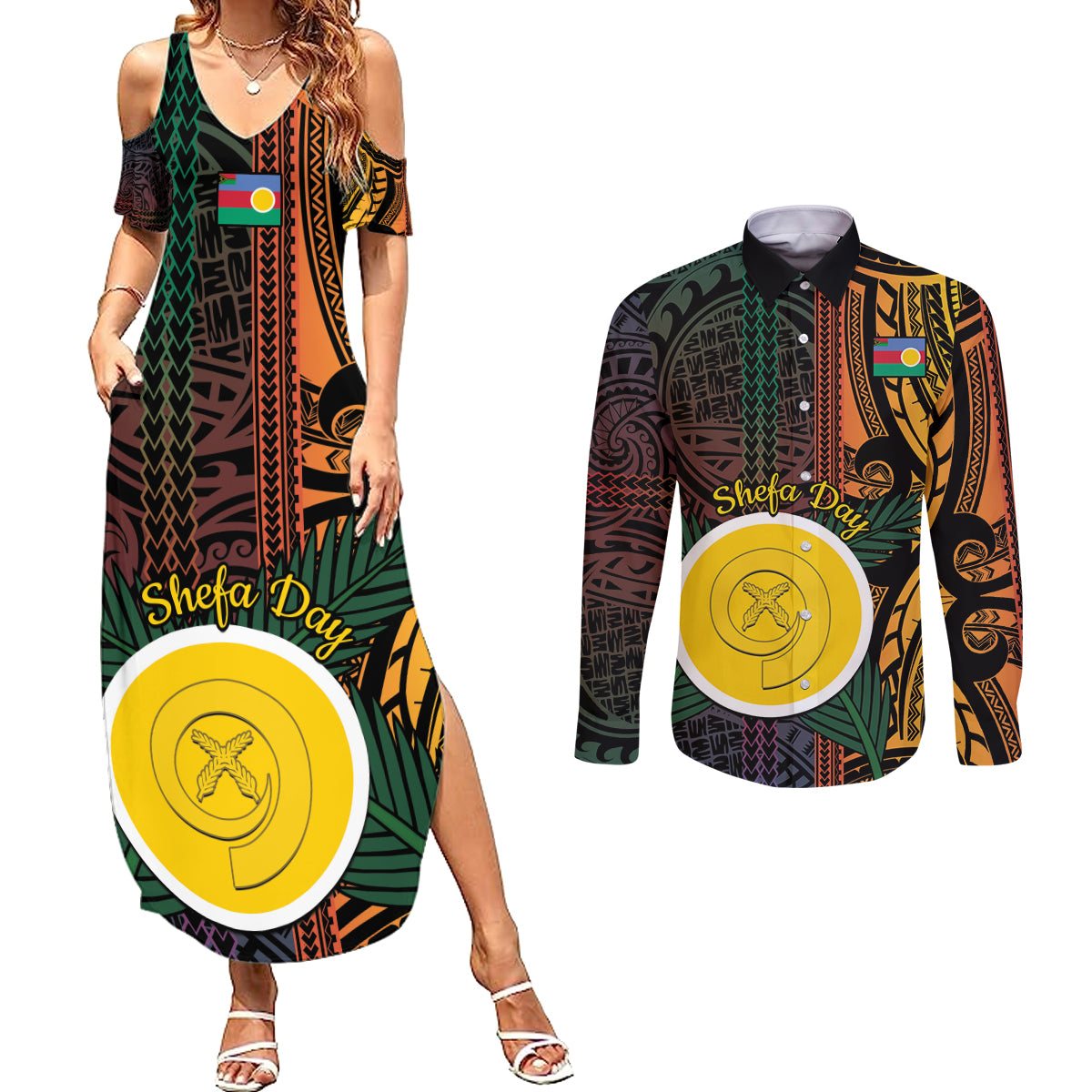 Personalised Shefa Day Couples Matching Summer Maxi Dress and Long Sleeve Button Shirt Happy June 18 Vanuatu Province