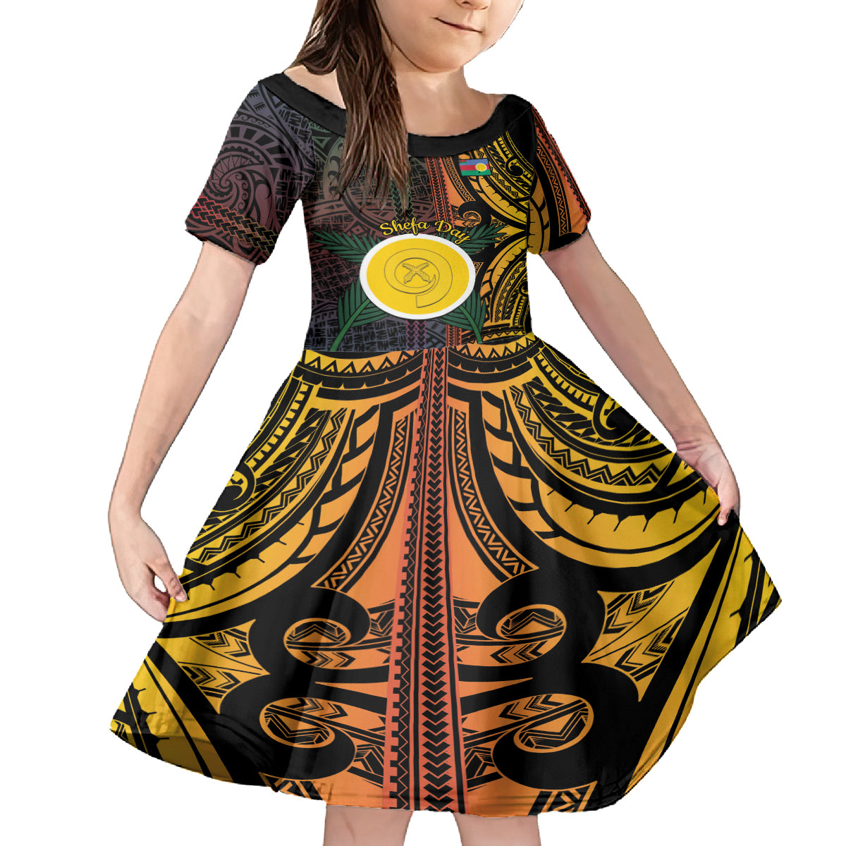 Personalised Shefa Day Family Matching Off The Shoulder Long Sleeve Dress and Hawaiian Shirt Happy June 18 Vanuatu Province LT14 Daughter's Dress Black - Polynesian Pride