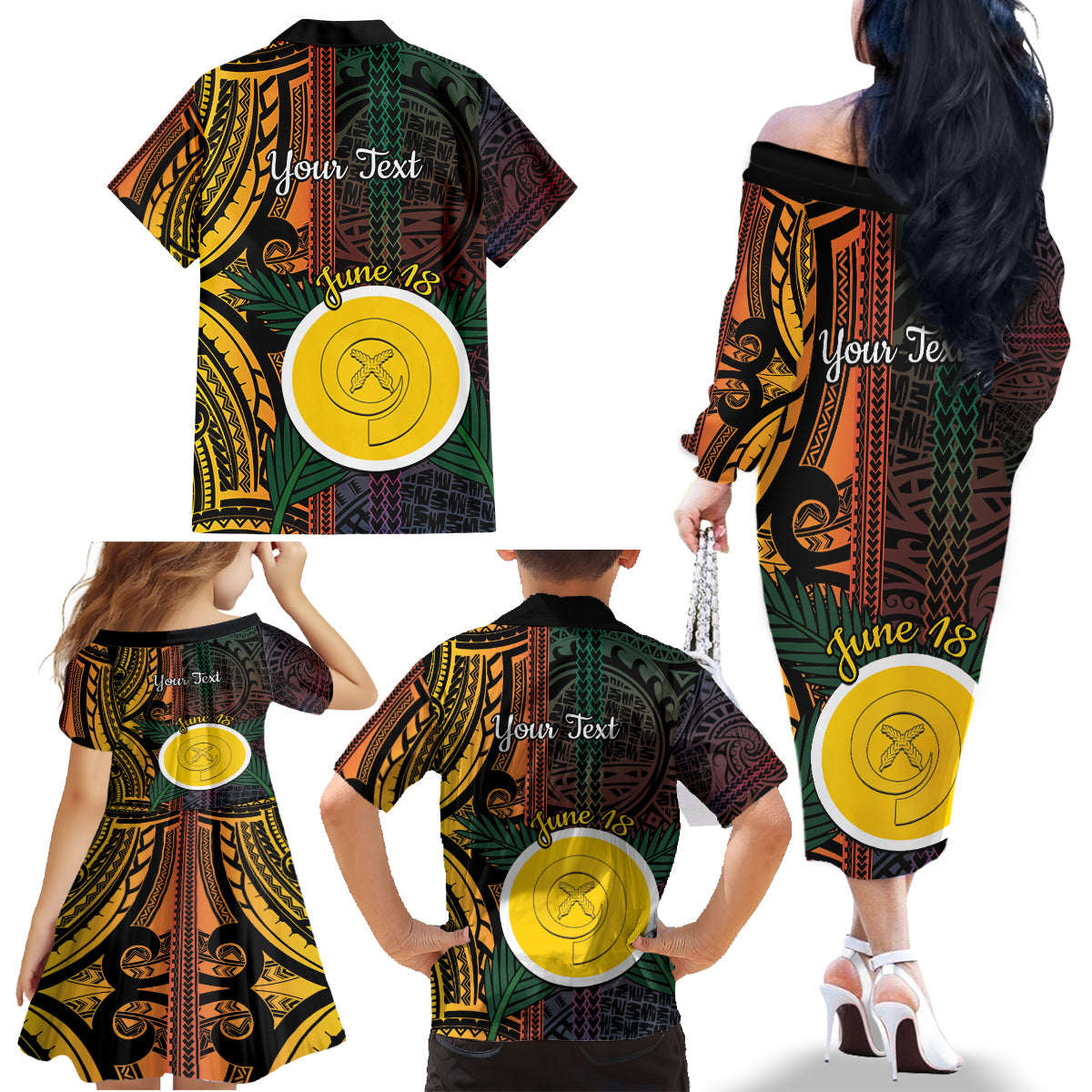 Personalised Shefa Day Family Matching Off The Shoulder Long Sleeve Dress and Hawaiian Shirt Happy June 18 Vanuatu Province LT14 - Polynesian Pride