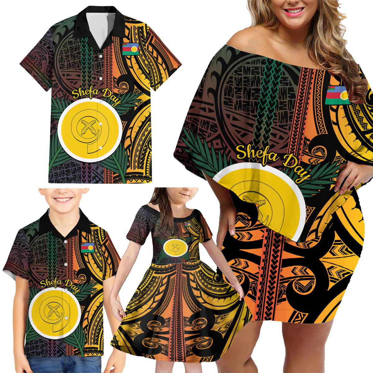 Personalised Shefa Day Family Matching Off Shoulder Short Dress and Hawaiian Shirt Happy June 18 Vanuatu Province LT14 - Polynesian Pride