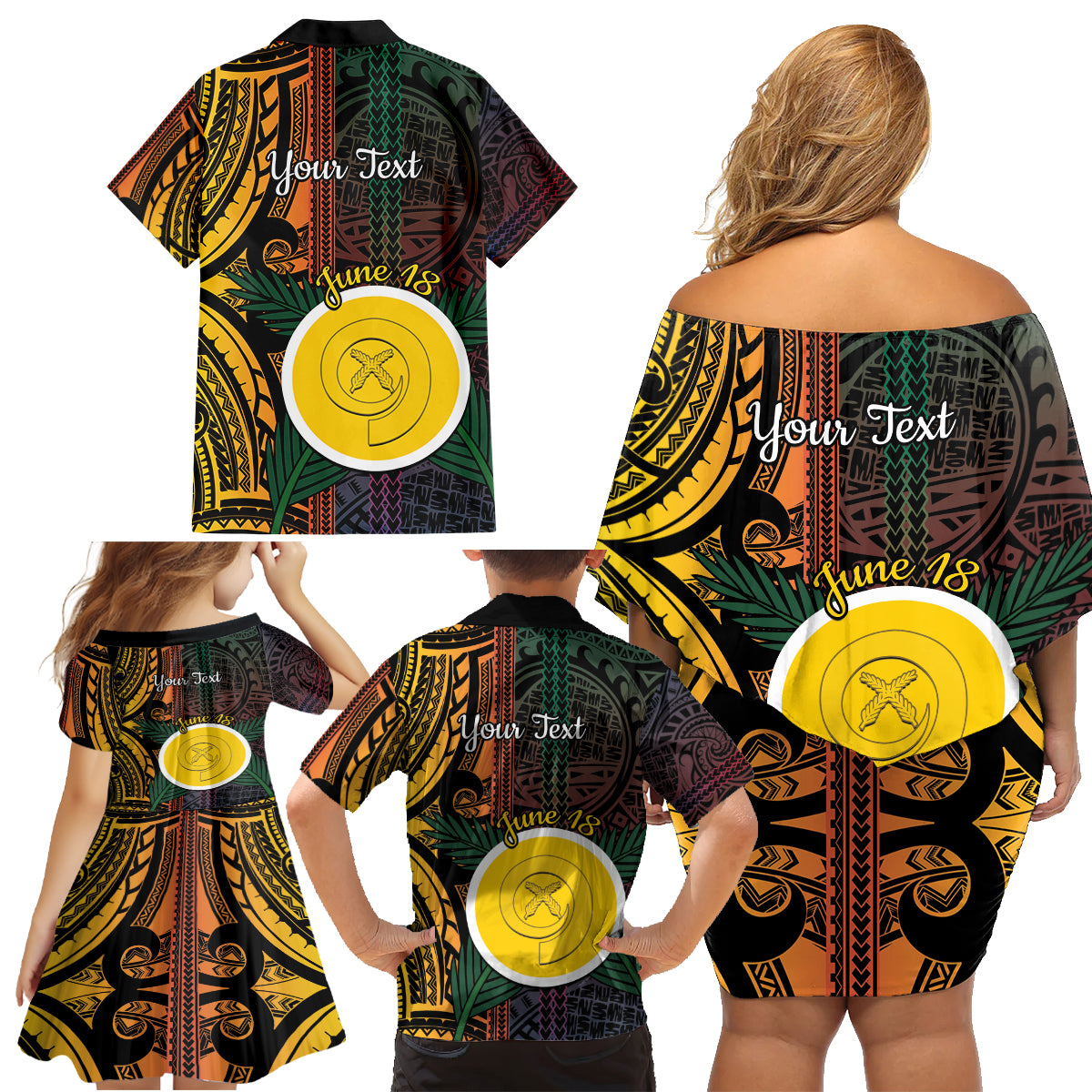 Personalised Shefa Day Family Matching Off Shoulder Short Dress and Hawaiian Shirt Happy June 18 Vanuatu Province LT14 - Polynesian Pride