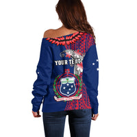 Personalised Samoa Off Shoulder Sweater Ula Fala Mix Samoan Tribal Blue Version LT14 - Polynesian Pride