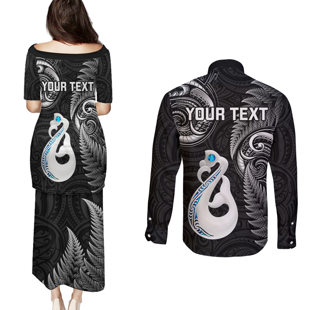 Personalised New Zealand Couples Puletasi Dress and Long Sleeve Button Shirts Aotearoa Silver Fern With Manaia Maori Unique Black LT14 - Polynesian Pride