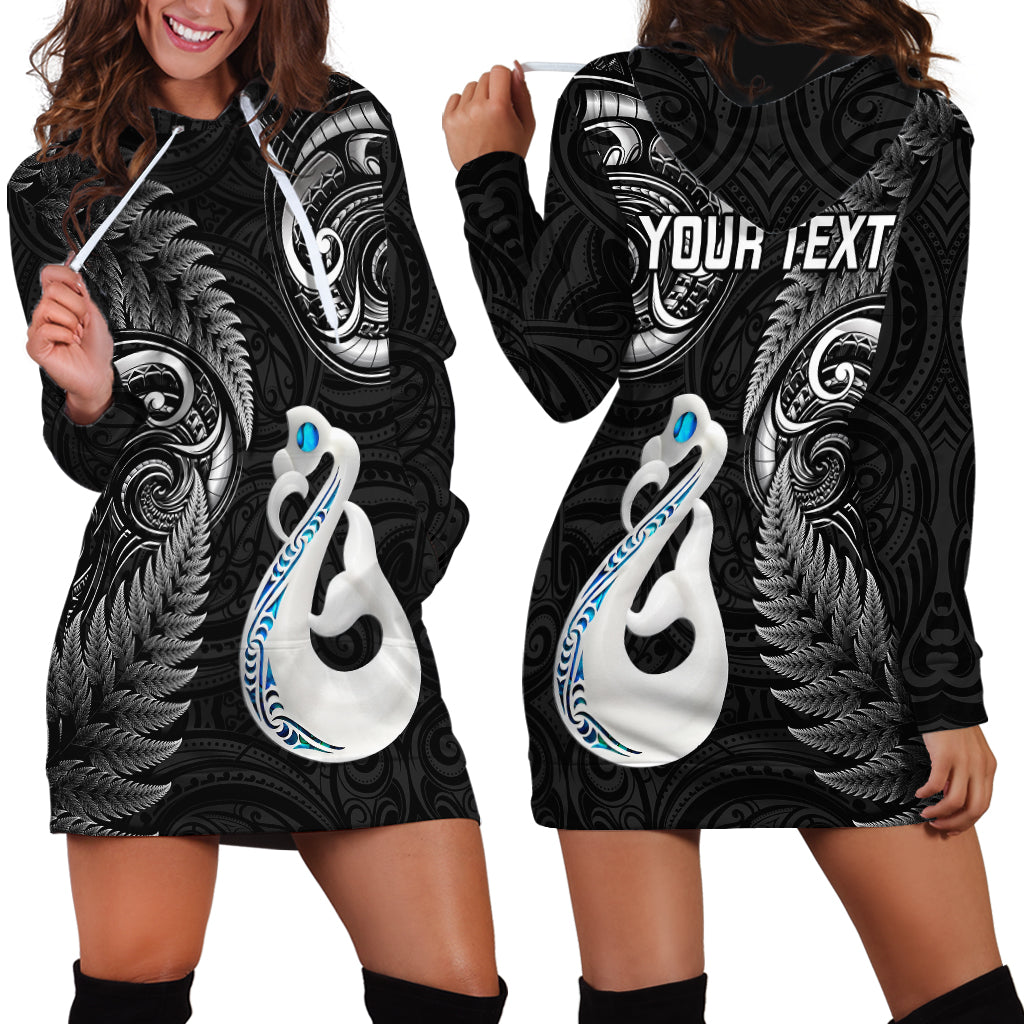 Personalised New Zealand Hoodie Dress Aotearoa Silver Fern With Manaia Maori Unique Black LT14 - Polynesian Pride