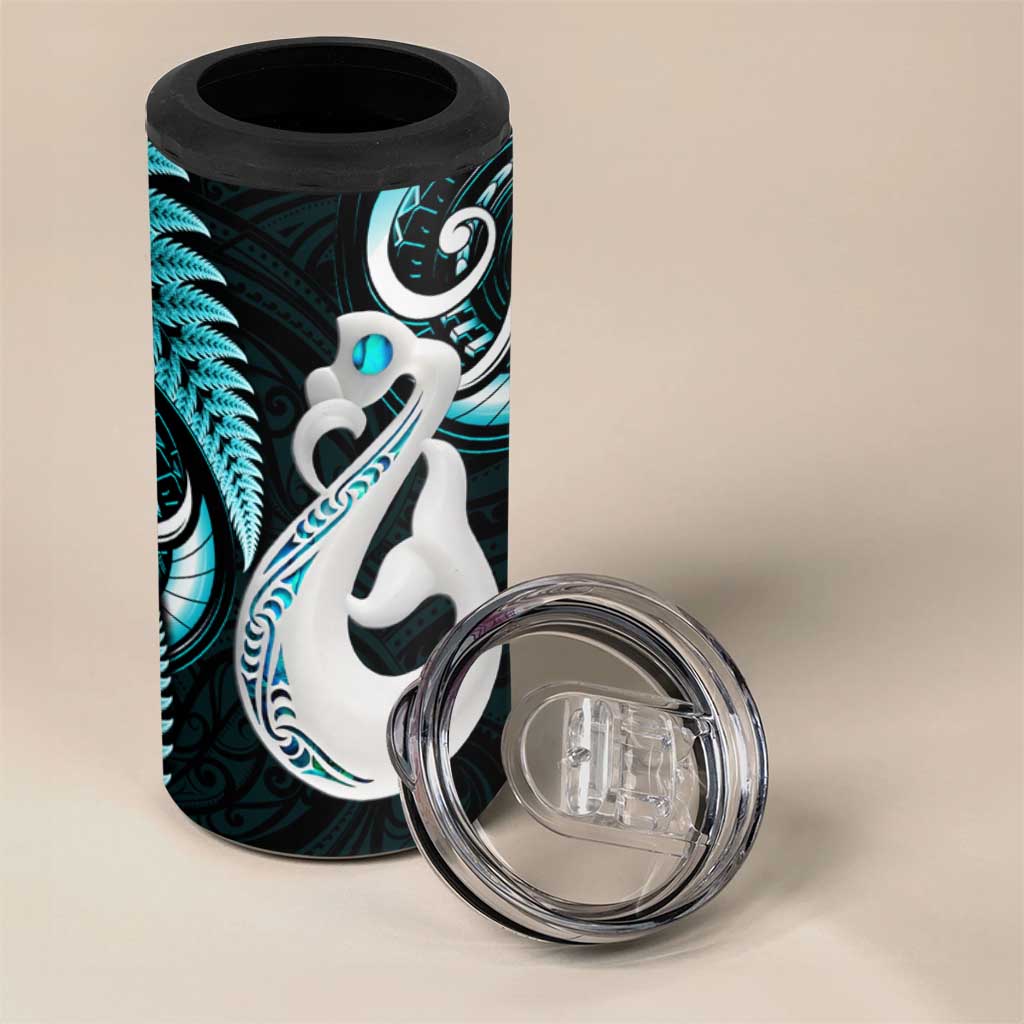 New Zealand 4 in 1 Can Cooler Tumbler Aotearoa Silver Fern With Manaia Maori Unique Turquoise LT14 - Polynesian Pride