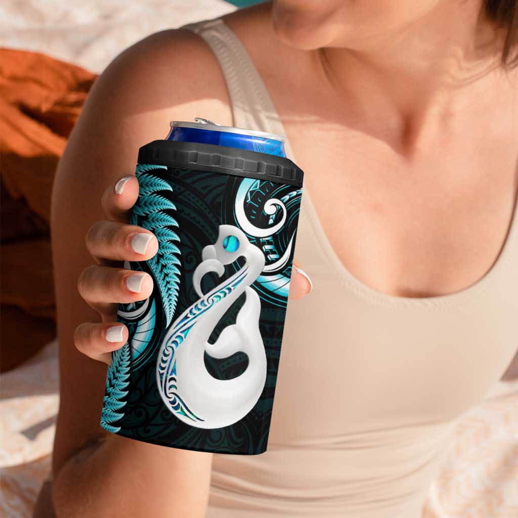 New Zealand 4 in 1 Can Cooler Tumbler Aotearoa Silver Fern With Manaia Maori Unique Turquoise LT14 - Polynesian Pride