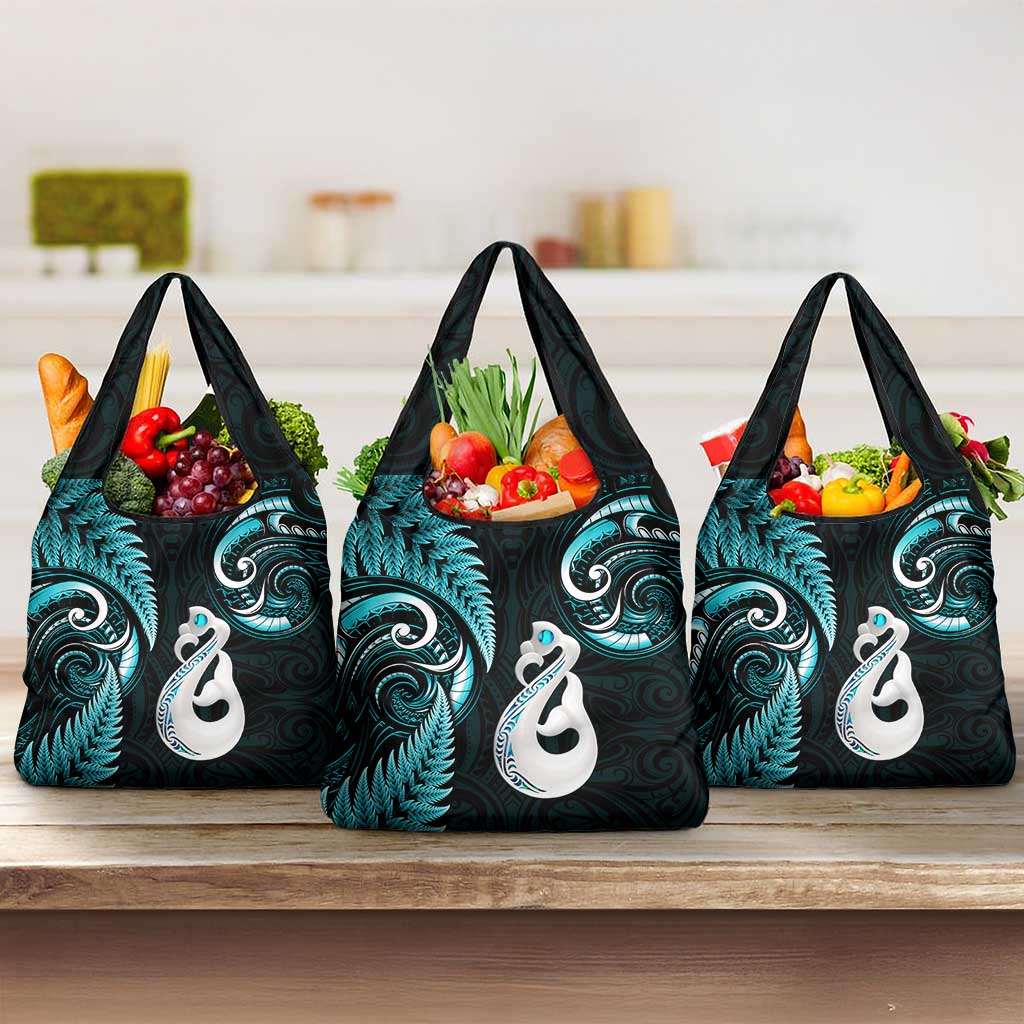 Turquoise New Zealand Grocery Bag Aotearoa Silver Fern With Manaia Maori