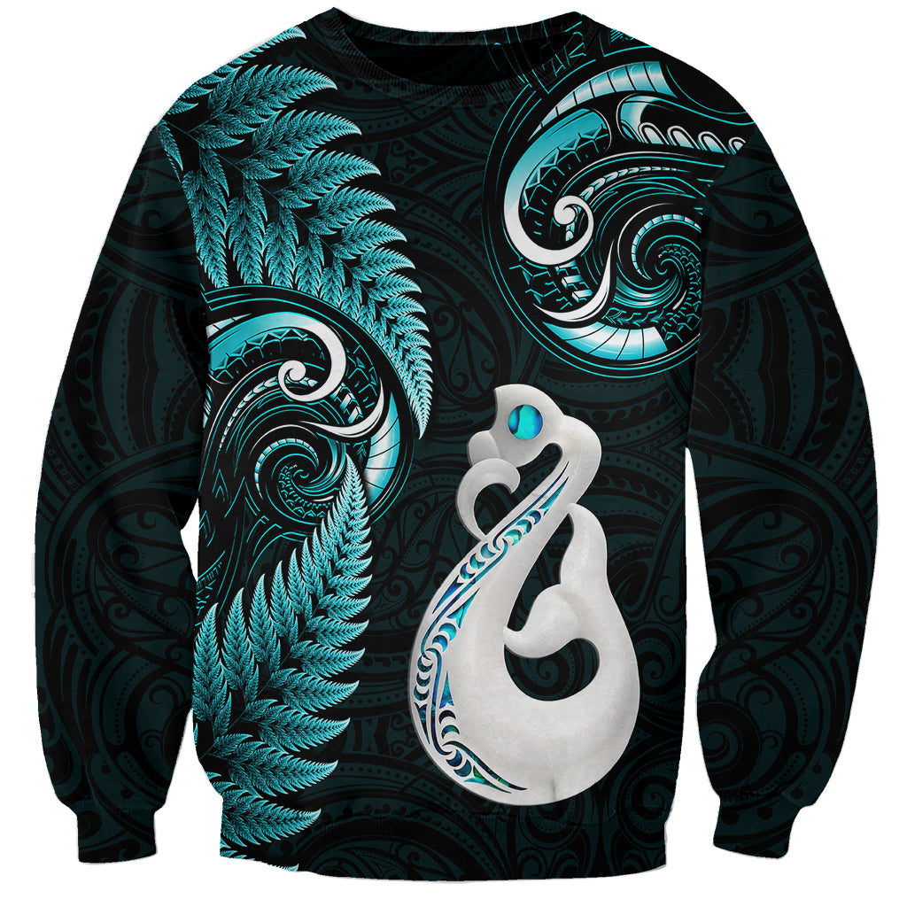 Personalised New Zealand Sweatshirt Aotearoa Silver Fern With Manaia Maori Unique Turquoise LT14 Unisex Turquoise - Polynesian Pride