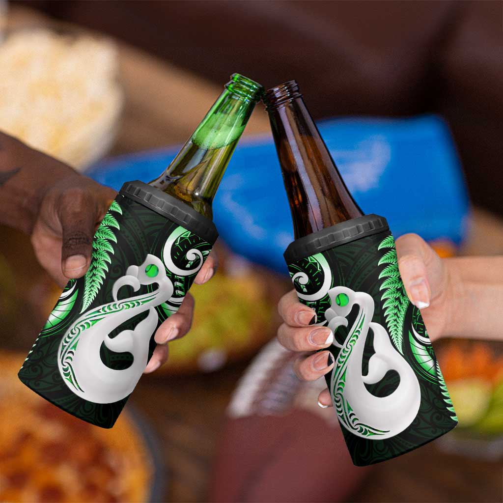 New Zealand 4 in 1 Can Cooler Tumbler Aotearoa Silver Fern With Manaia Maori Unique Green LT14 - Polynesian Pride