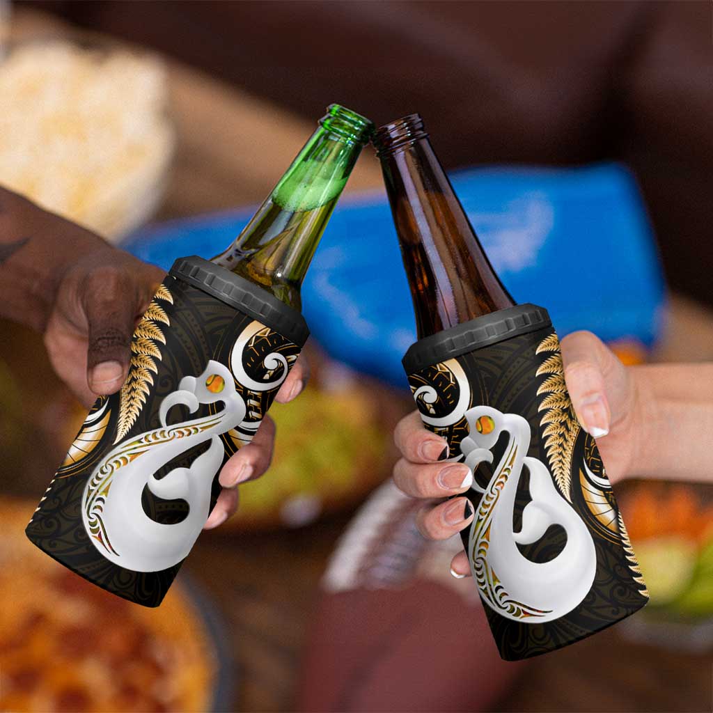 New Zealand 4 in 1 Can Cooler Tumbler Aotearoa Silver Fern With Manaia Maori Unique Gold LT14 - Polynesian Pride