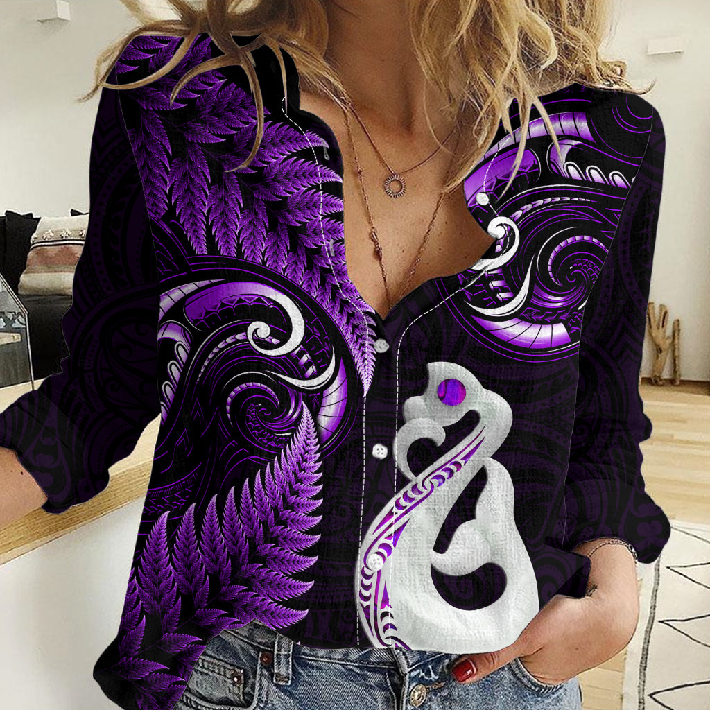 Personalised New Zealand Women Casual Shirt - Aotearoa Silver Fern With Manaia Maori Unique Purple LT14 Female Purple - Polynesian Pride