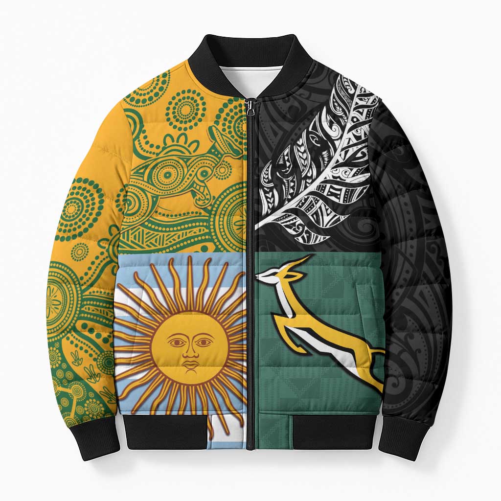 Personalised Rugby 2025 Championship Bomber Puffer Jacket Combination of Southern Hemisphere Countries LT14 Unisex Black - Polynesian Pride