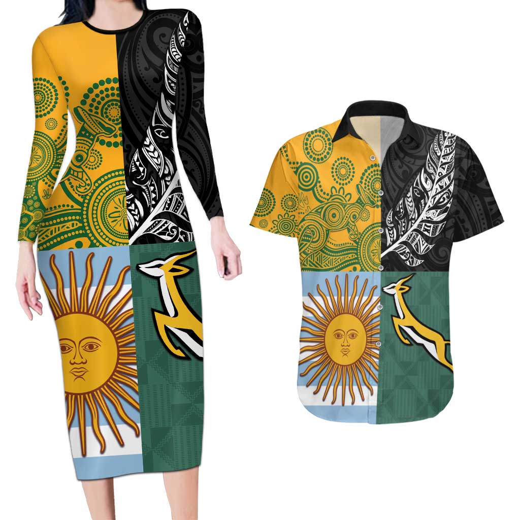 Personalised Rugby 2025 Championship Couples Matching Long Sleeve Bodycon Dress and Hawaiian Shirt Combination of Southern Hemisphere Countries LT14 Black - Polynesian Pride