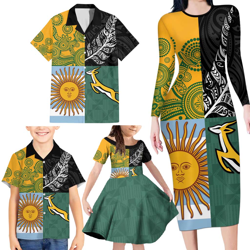 Personalised Rugby 2025 Championship Family Matching Long Sleeve Bodycon Dress and Hawaiian Shirt Combination of Southern Hemisphere Countries LT14 - Polynesian Pride