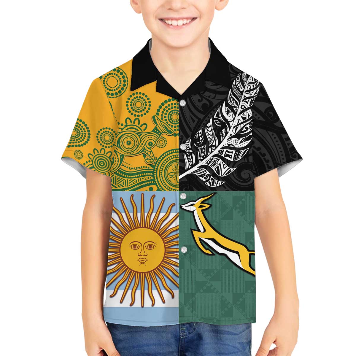 Personalised Rugby 2025 Championship Family Matching Off The Shoulder Long Sleeve Dress and Hawaiian Shirt Combination of Southern Hemisphere Countries LT14 Son's Shirt Black - Polynesian Pride