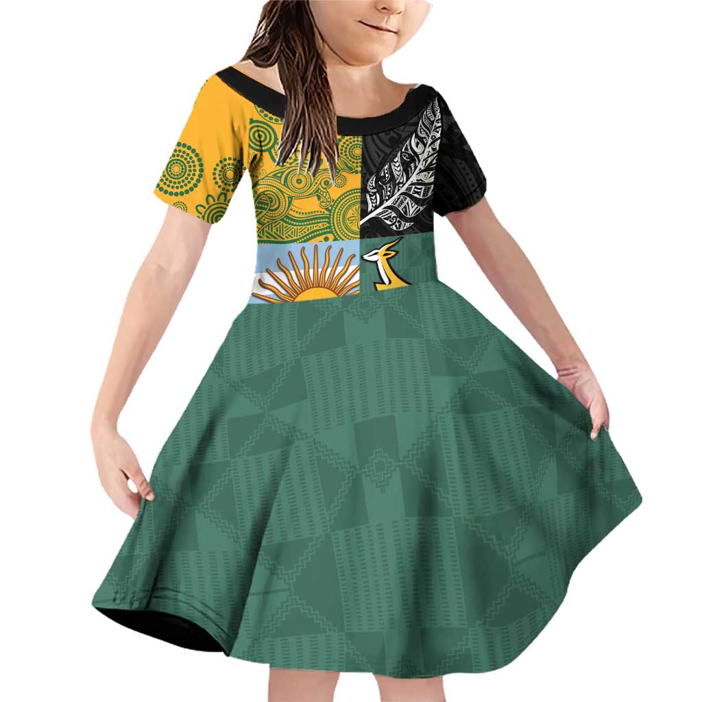 Personalised Rugby 2025 Championship Family Matching Off Shoulder Short Dress and Hawaiian Shirt Combination of Southern Hemisphere Countries LT14 Daughter's Dress Black - Polynesian Pride