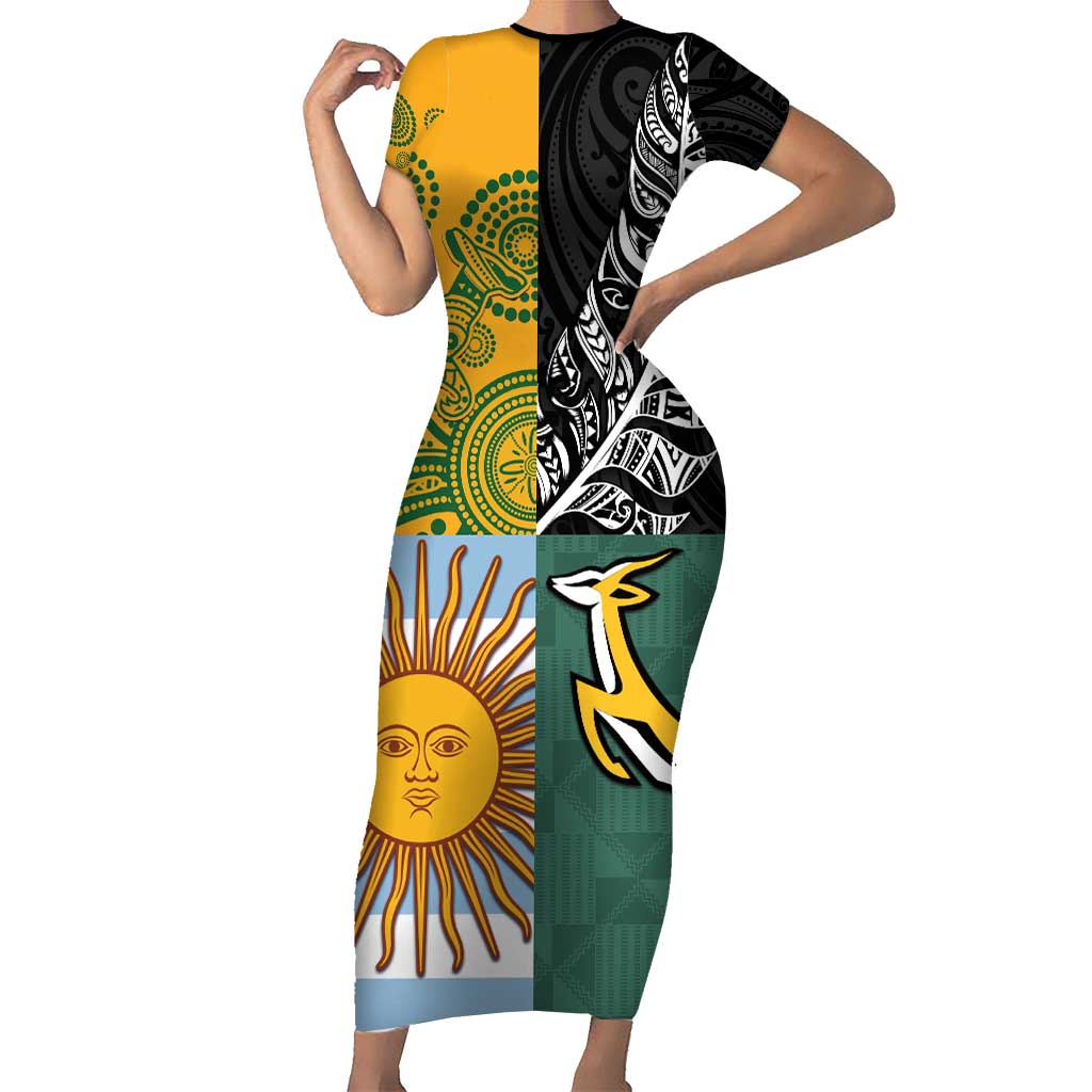Personalised Rugby 2025 Championship Family Matching Short Sleeve Bodycon Dress and Hawaiian Shirt Combination of Southern Hemisphere Countries LT14 Mom's Dress Black - Polynesian Pride